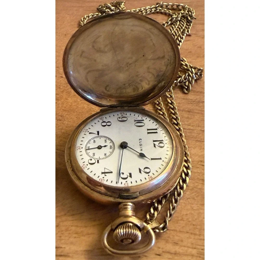 Antique 1916 Elgin Pocket Watch Gold Filled W/ Necklace Inscribed Needs Battery